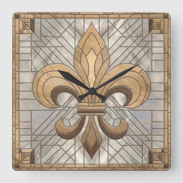 Fleur-de-lis - Konst av rostat glas Fyrkantig Klocka (Framsida)
