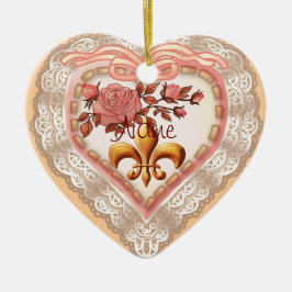 Fleur De Lis Lacy Heart-anpassningsbar Julgransprydnad Keramik
