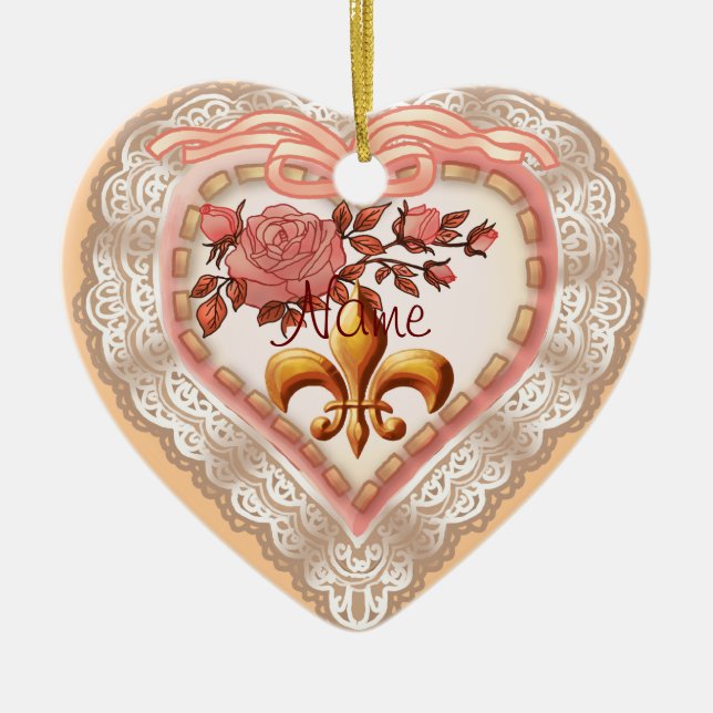 Fleur De Lis Lacy Heart-anpassningsbar Julgransprydnad Keramik (Framsidan)