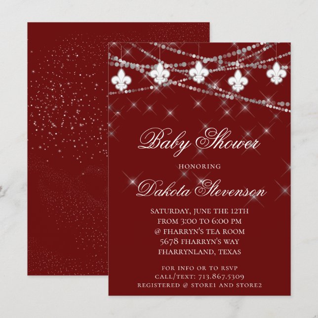 Fleur de Lis Ljus | Burgundy Red Baby Shower Inbjudningar (Fram/baksida)