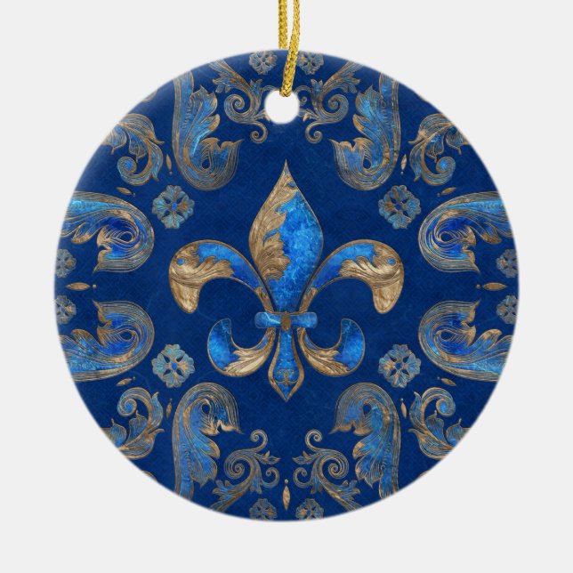 Fleur-de-lis lyxornament - blå marmor julgransprydnad keramik (Framsidan)