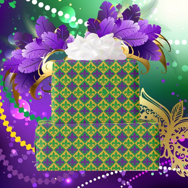 Fleur de lis Mardi Gras Lila Grönt Gult Presentpapper (Skapare uppladdad)