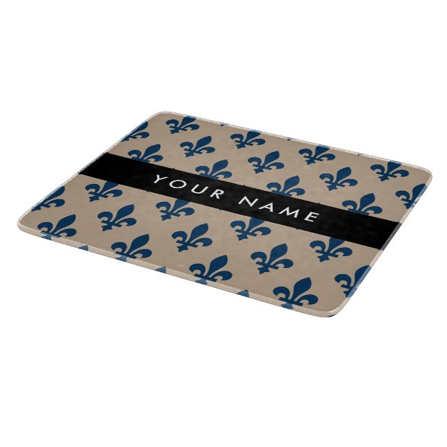 Fleur de Lis, marinblå på beige, kunglig, Ditt Nam (Hörn)
