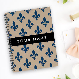 Fleur de Lis, marinblå på beige, kunglig, Ditt nam Anteckningsbok