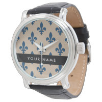 Fleur de Lis, Marinblå på Beige, Kunglig, Ditt Nam