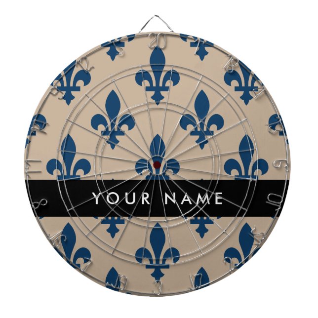 Fleur de Lis, Marinblå på Beige, Kunglig, Ditt Nam Darttavla (Framsidan)