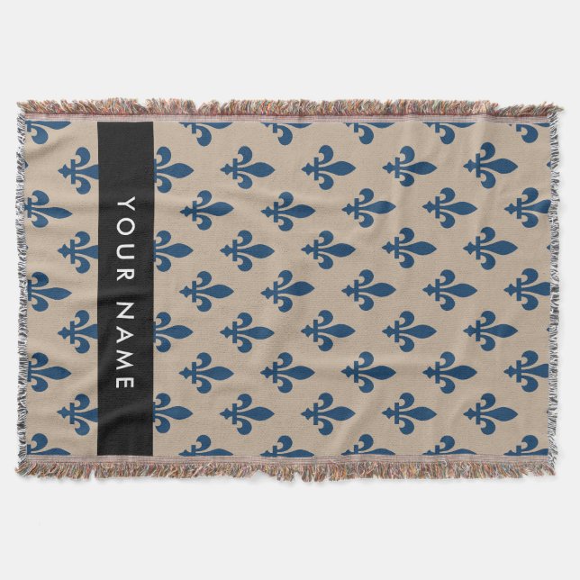 Fleur de Lis, Marinblå på Beige, Kunglig, Ditt Nam Filt (Framsidan)