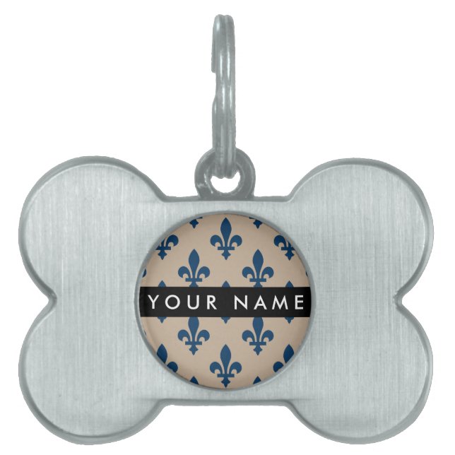 Fleur de Lis, marinblå på beige, kunglig, Ditt nam ID-bricka Husdjur (Framsidan)
