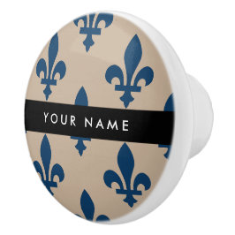 Fleur de Lis, marinblå på beige, kunglig, Ditt nam Knopp