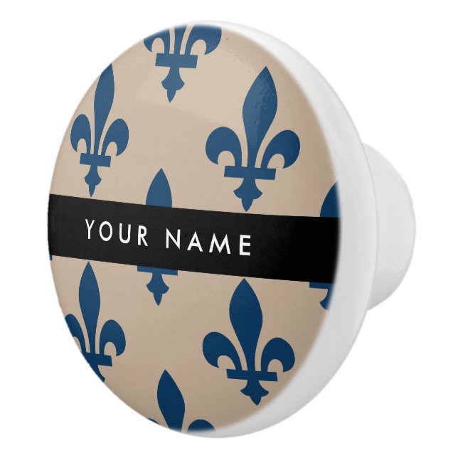 Fleur de Lis, marinblå på beige, kunglig, Ditt nam Knopp (Höger)