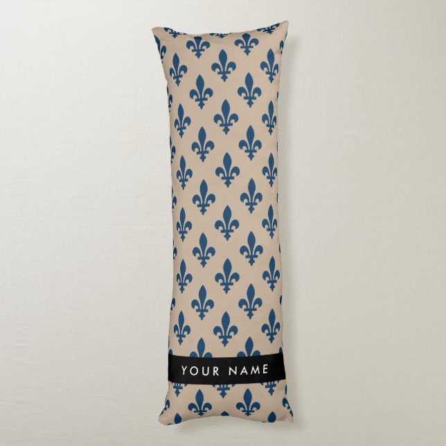 Fleur de Lis, marinblå på beige, kunglig, Ditt nam Kroppskudde (Baksidan (Vertikal))