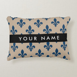 Fleur de Lis, marinblå på beige, kunglig, Ditt nam Prydnadskudde