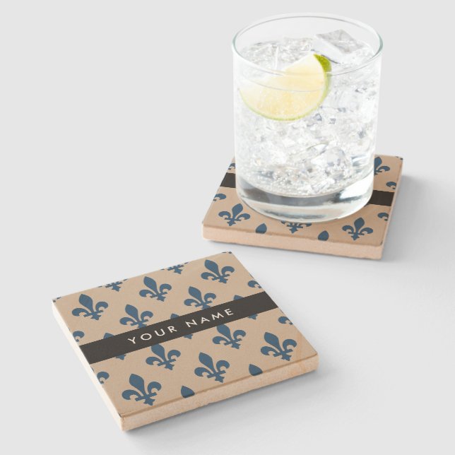 Fleur de Lis, marinblå på beige, kunglig, Ditt nam Stenunderlägg (Sidan)