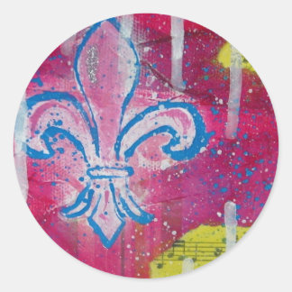 Fleur de Lis med Magenta, blått och Gult Runt Klistermärke