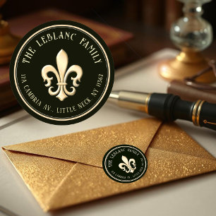 Fleur de Lis Metallic Guld Black Returadress Runt Klistermärke