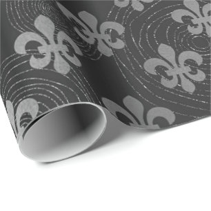 Fleur de Lis Metallic Silver Black Grått Circles Presentpapper