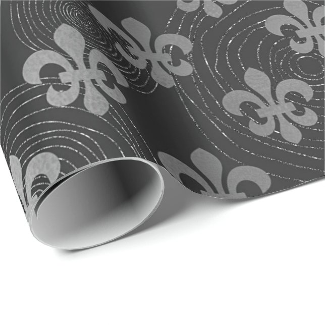 Fleur de Lis Metallic Silver Black Grått Circles Presentpapper (Rullad Hörn)