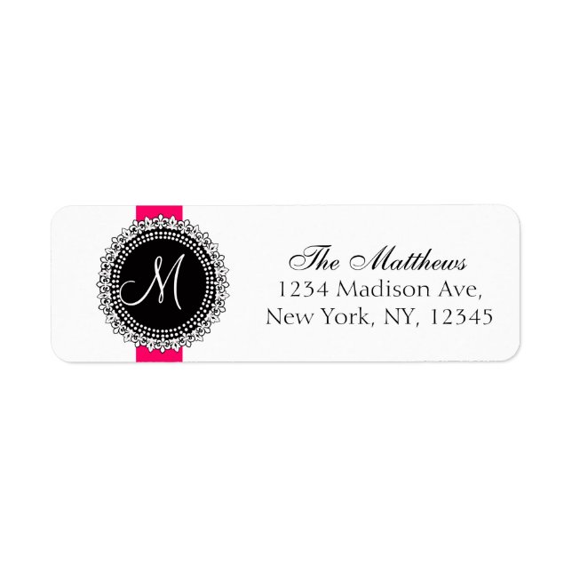 Fleur de Lis Monogram Labels Rosa Black White Returadress Etikett (Framsidan)