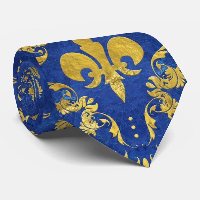 Fleur-de-lis mönster blå marmor och guld slips (Rullad)