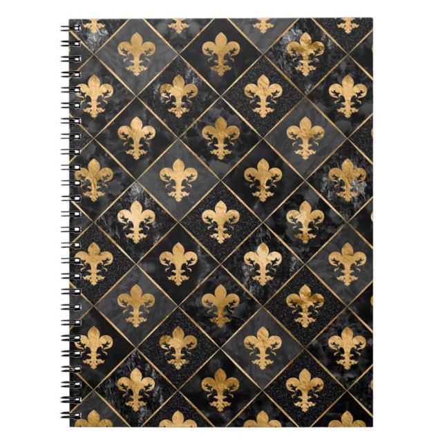 Fleur-de-lis mönster Black Marble och Guld Anteckningsbok (Framsidan)
