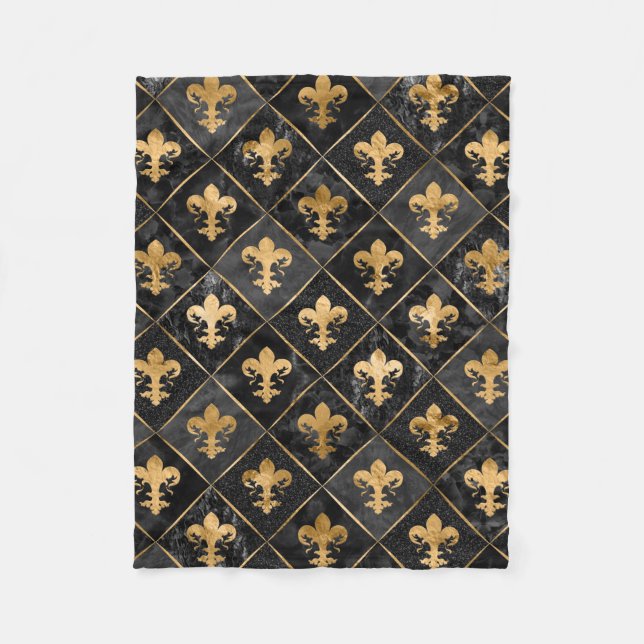 Fleur-de-lis mönster Black Marble och Guld Fleecefilt (Framsidan)