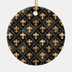 Fleur-de-lis mönster Black Marble och Guld Julgransprydnad Keramik