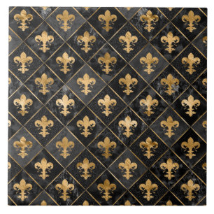 Fleur-de-lis mönster Black Marble och Guld Kakelplatta