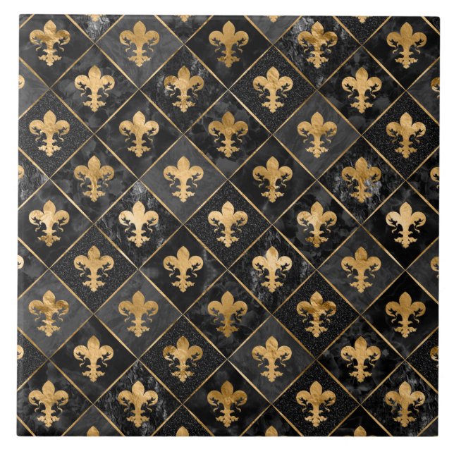 Fleur-de-lis mönster Black Marble och Guld Kakelplatta (Framsidan)