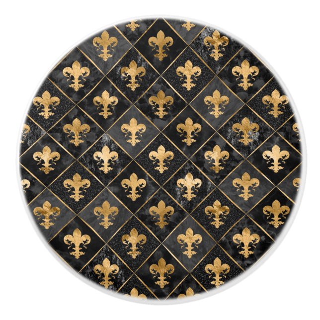 Fleur-de-lis mönster Black Marble och Guld Knopp (Framsidan)