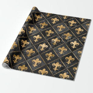 Fleur-de-lis mönster Black Marble och Guld Presentpapper