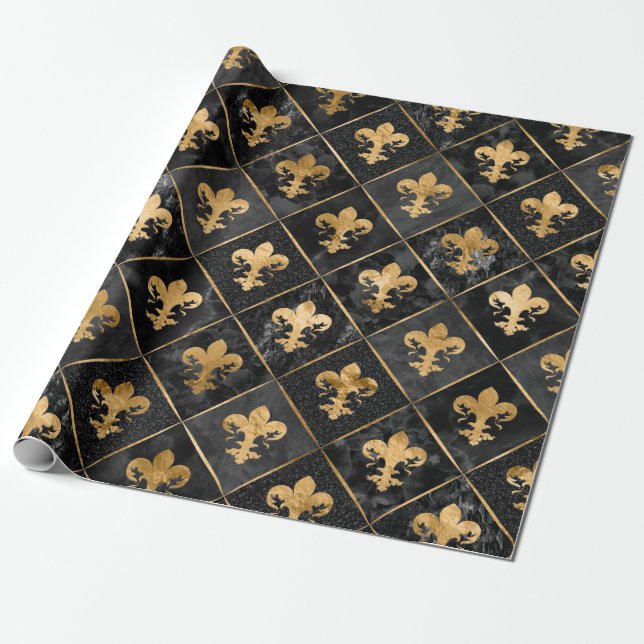 Fleur-de-lis mönster Black Marble och Guld Presentpapper (Utrullad)