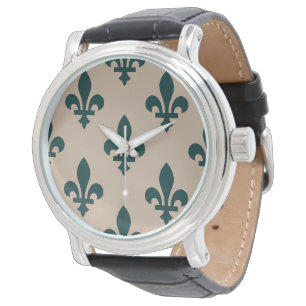 Fleur de Lis-mönster, kunglig fransk grön på kräm Armbandsur