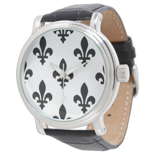 Fleur de Lis-mönster, kunglig fransk, svart på vit Armbandsur