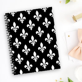 Fleur de Lis-mönster, Kunglig Fransk, Vit på Svart Anteckningsbok