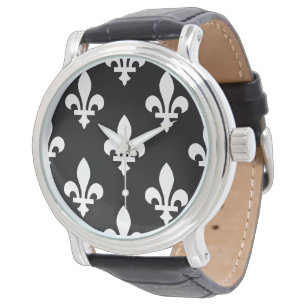 Fleur de Lis-mönster, kunglig fransk, vit på svart Armbandsur