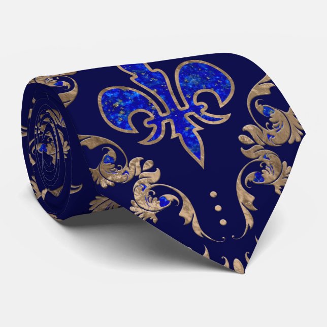Fleur-de-lis mönster lapis lazuli och guld slips (Rullad)