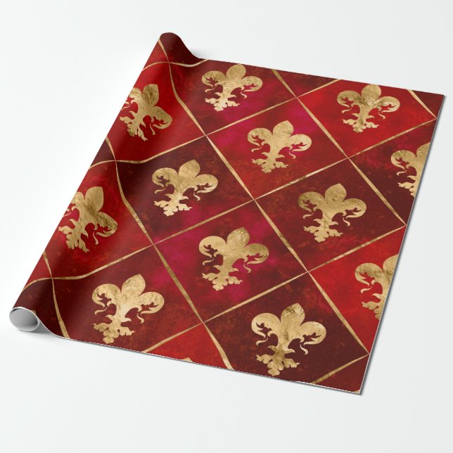 Fleur-de-lis mönster lyxröd presentpapper (Utrullad)