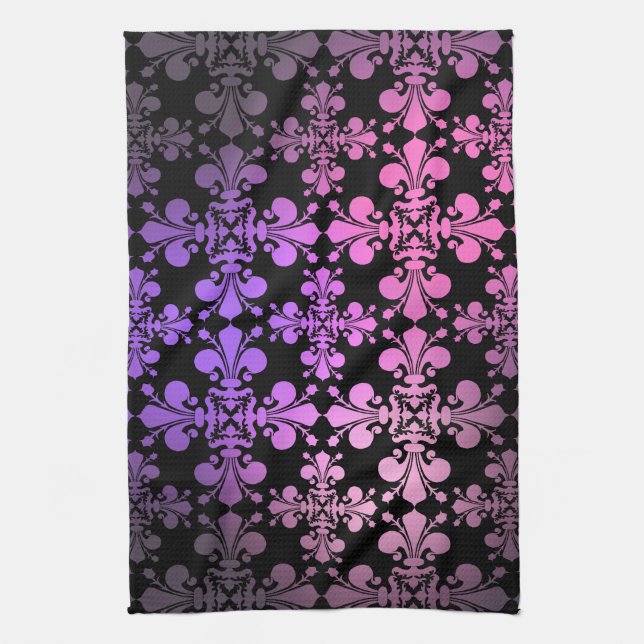 Fleur de lis mönster rosa lila black kökshandduk (Vertikal)