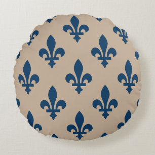 Fleur de Lis-mönster, Royal fransk blå på kräm Rund Kudde