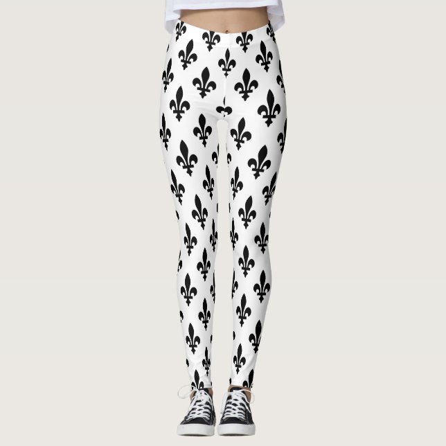 Fleur de Lis Mönster, Royal Fransk, Black on White Leggings (Framsida)