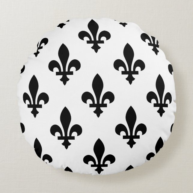 Fleur de Lis Mönster, Royal Fransk, Black on White Rund Kudde (Framsidan)