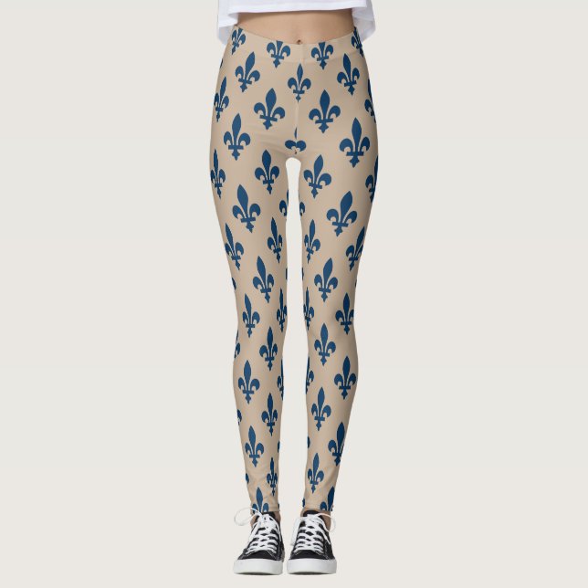 Fleur de Lis Mönster, Royal Fransk Blue på Cream Leggings (Framsida)
