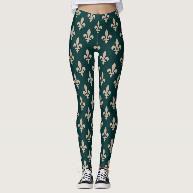 Fleur de Lis Mönster, Royal Fransk Cream på Grönt Leggings (Framsida)
