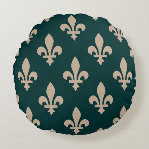 Fleur de Lis Mönster, Royal Fransk Cream på Grönt Rund Kudde