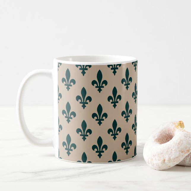 Fleur de Lis Mönster, Royal Fransk Grönt på Cream Kaffemugg (Med munk)