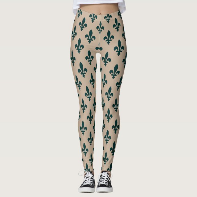 Fleur de Lis Mönster, Royal Fransk Grönt på Cream Leggings (Framsida)