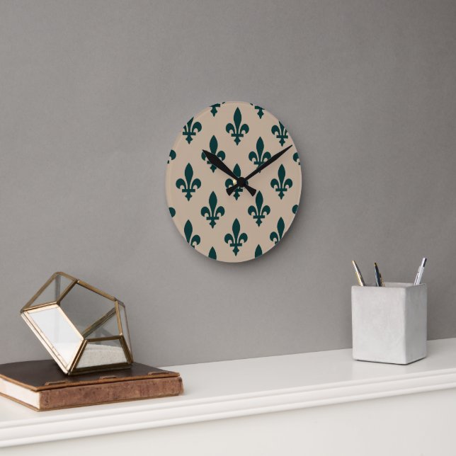 Fleur de Lis Mönster, Royal Fransk Grönt på Cream Rund Klocka (Kontor)