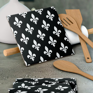 Fleur de Lis Mönster, Royal Fransk, White on Black Kakelplatta