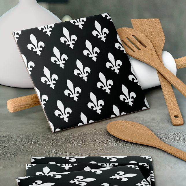 Fleur de Lis Mönster, Royal Fransk, White on Black Kakelplatta (Skapare uppladdad)