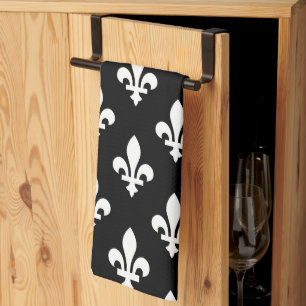 Fleur de Lis Mönster, Royal Fransk, White on Black Kökshandduk
